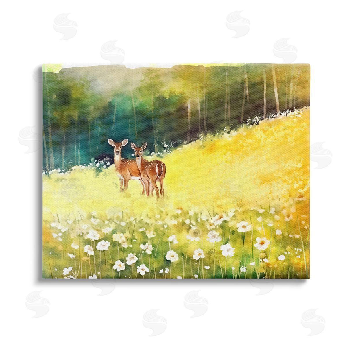 Ziwei Li Fawns in Meadow Watercolor Stretched Canvas Wall Art Print
