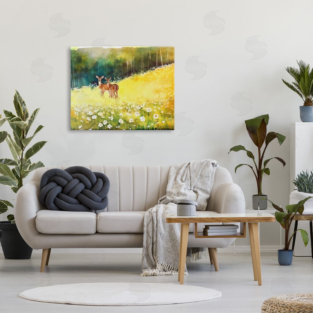 Ziwei Li Fawns in Meadow Watercolor Canvas Wall Art Print in Room