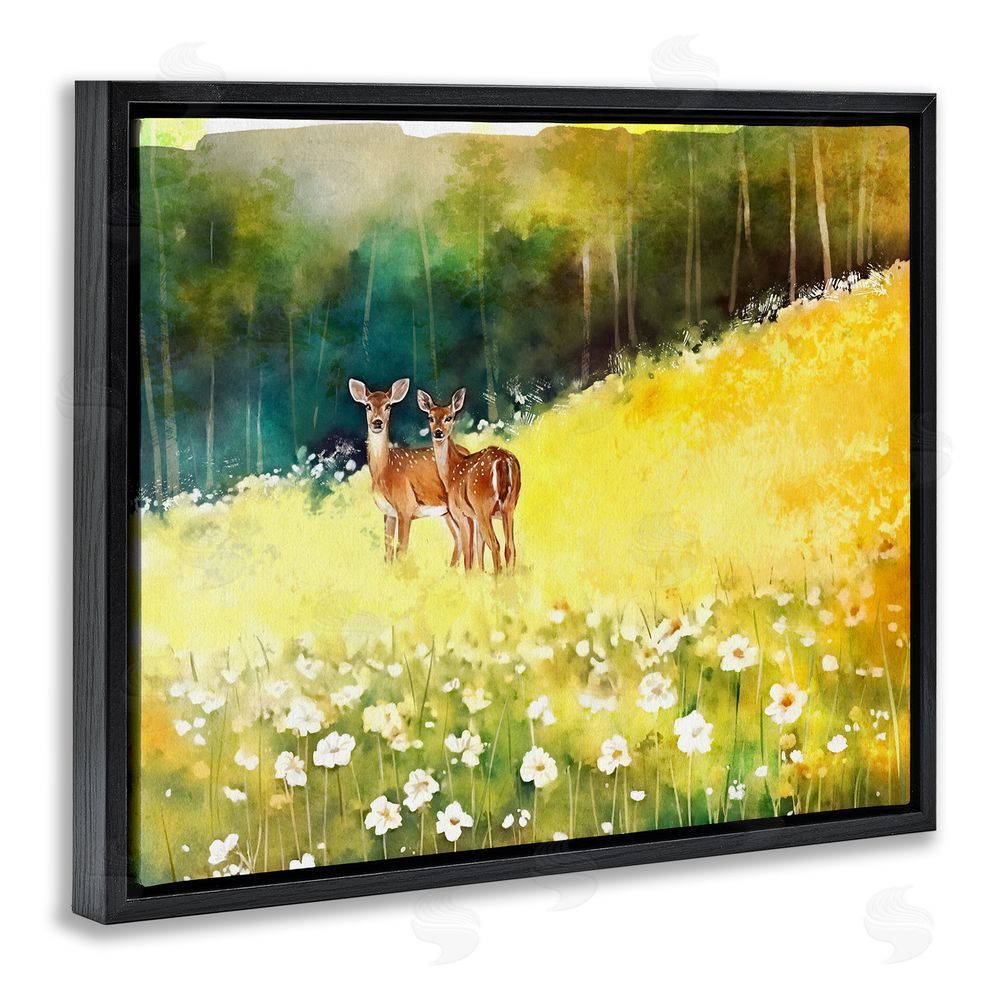 Ziwei Li Fawns in Meadow Watercolor Black Floating Frame Canvas Wall Art Print