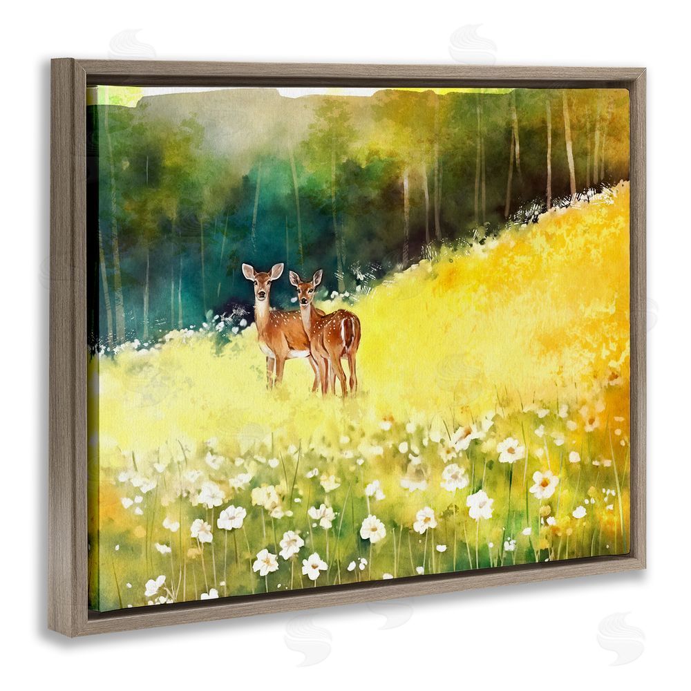 Ziwei Li Fawns in Meadow Watercolor Brown Floating Frame Canvas Wall Art Print