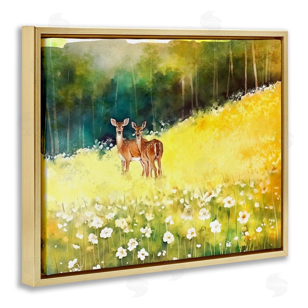 Ziwei Li Fawns in Meadow Watercolor Gold Floating Frame Canvas Wall Art Print