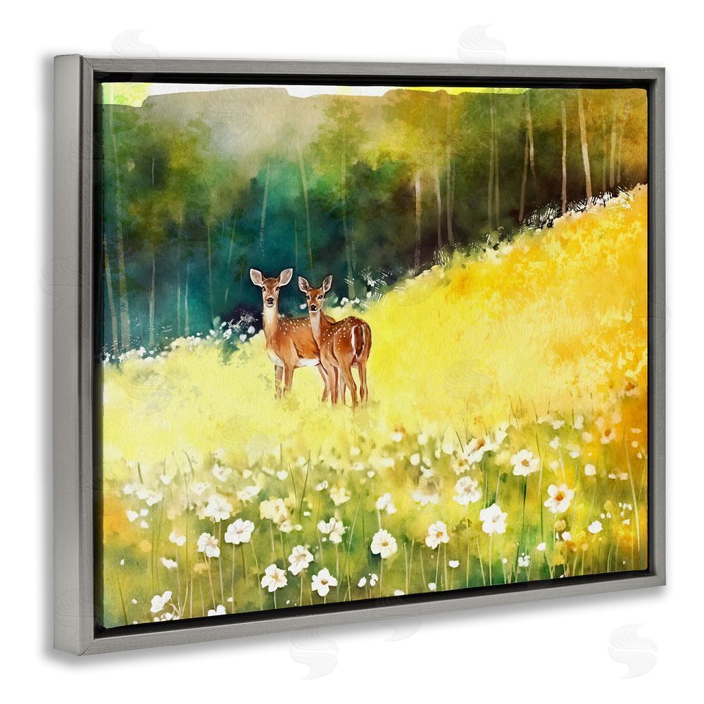 Ziwei Li Fawns in Meadow Watercolor Grey Floating Frame Canvas Wall Art Print