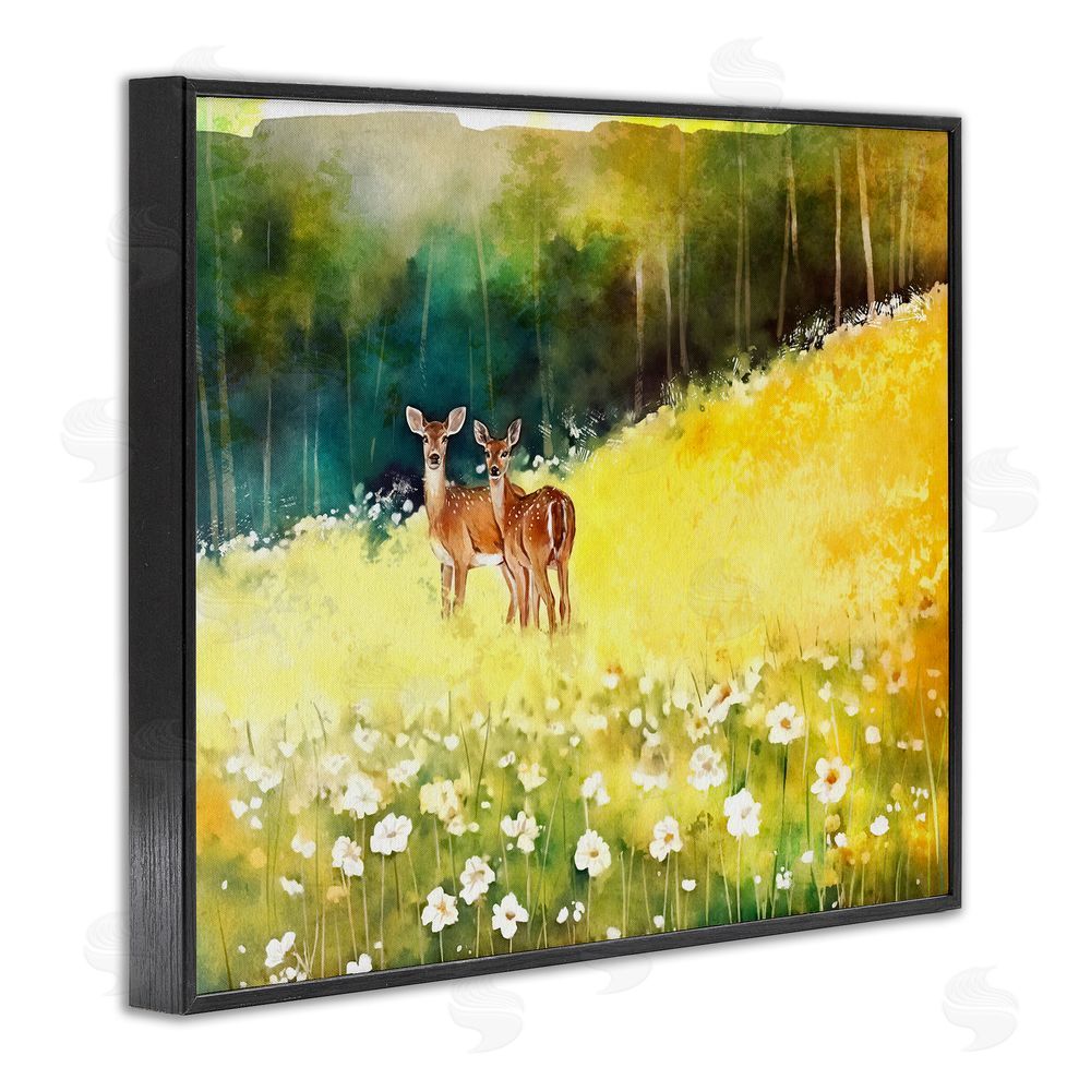 Ziwei Li Fawns in Meadow Watercolor Black Framed Giclee Wall Art Print