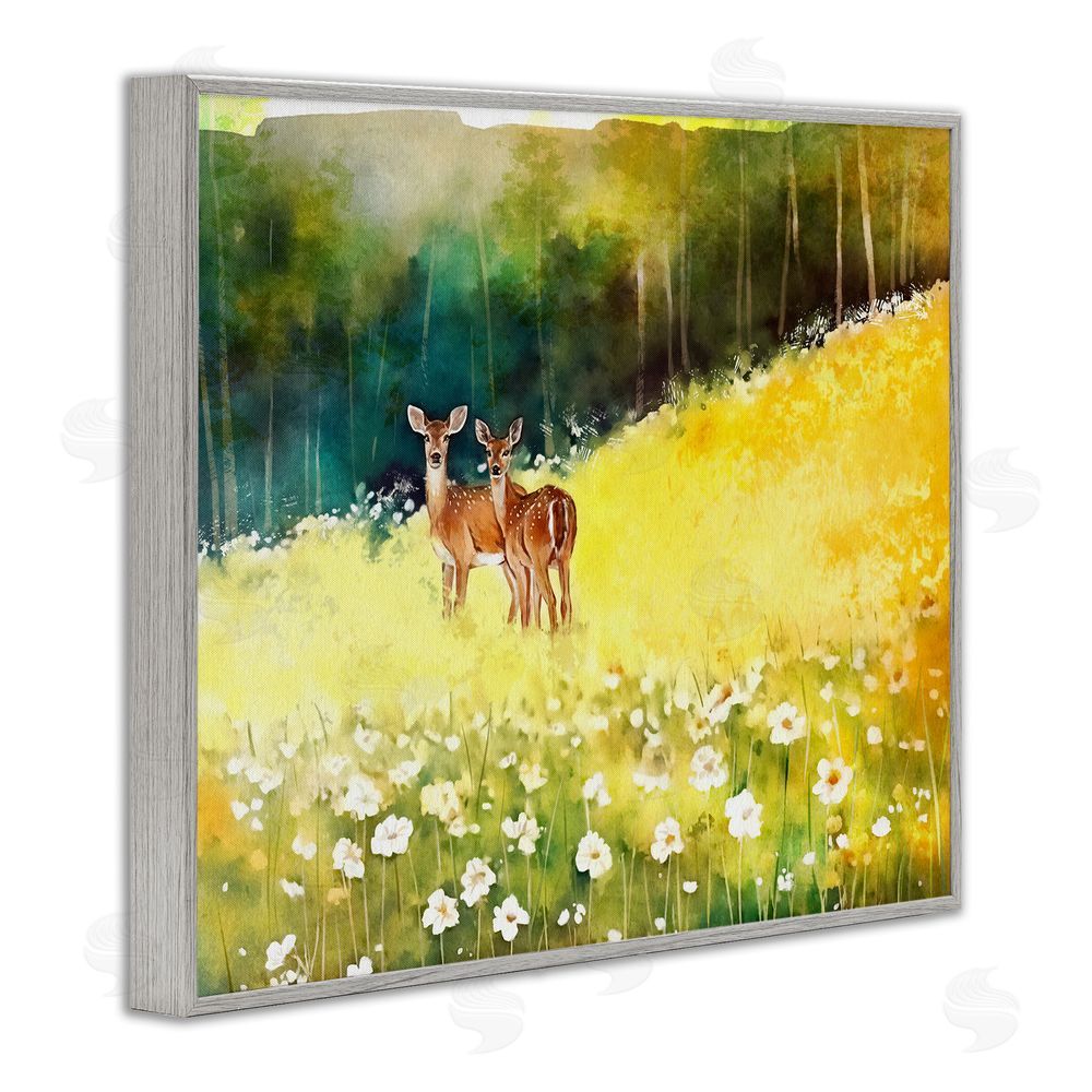 Ziwei Li Fawns in Meadow Watercolor Gray Framed Giclee Wall Art Print