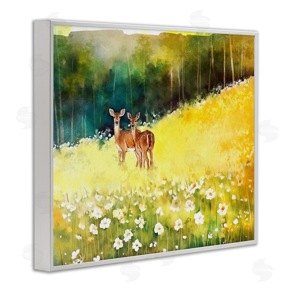 Ziwei Li Fawns in Meadow Watercolor White Framed Giclee Wall Art Print