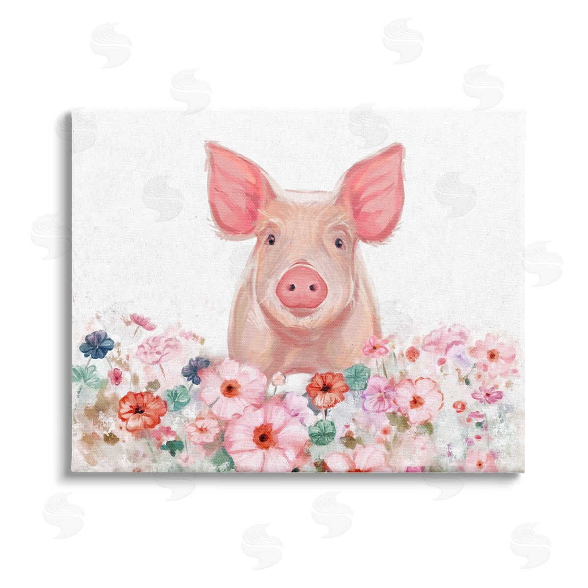 Ziwei Li Pastel Piglet & Florals Stretched Canvas Wall Art Print
