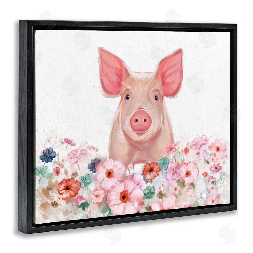 Ziwei Li Pastel Piglet & Florals Black Floating Frame Canvas Wall Art Print