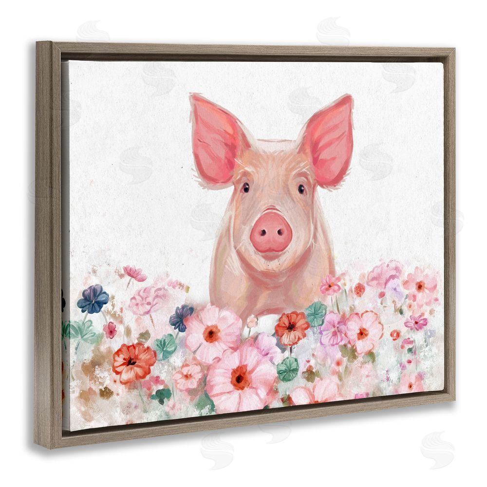 Ziwei Li Pastel Piglet & Florals Brown Floating Frame Canvas Wall Art Print