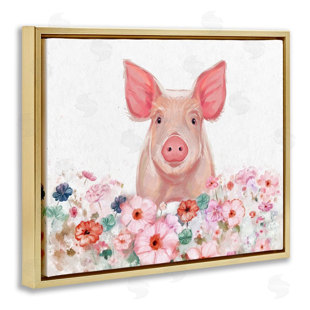 Ziwei Li Pastel Piglet & Florals Gold Floating Frame Canvas Wall Art Print