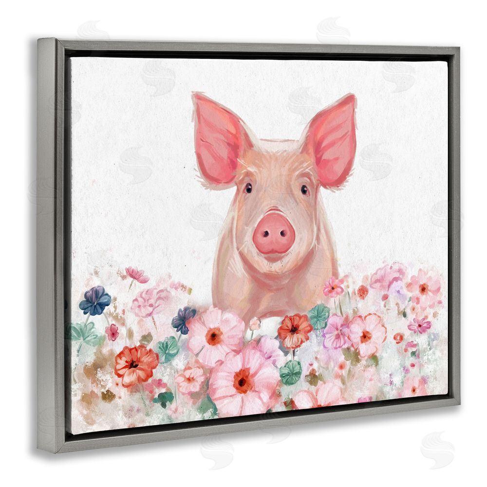 Ziwei Li Pastel Piglet & Florals Grey Floating Frame Canvas Wall Art Print