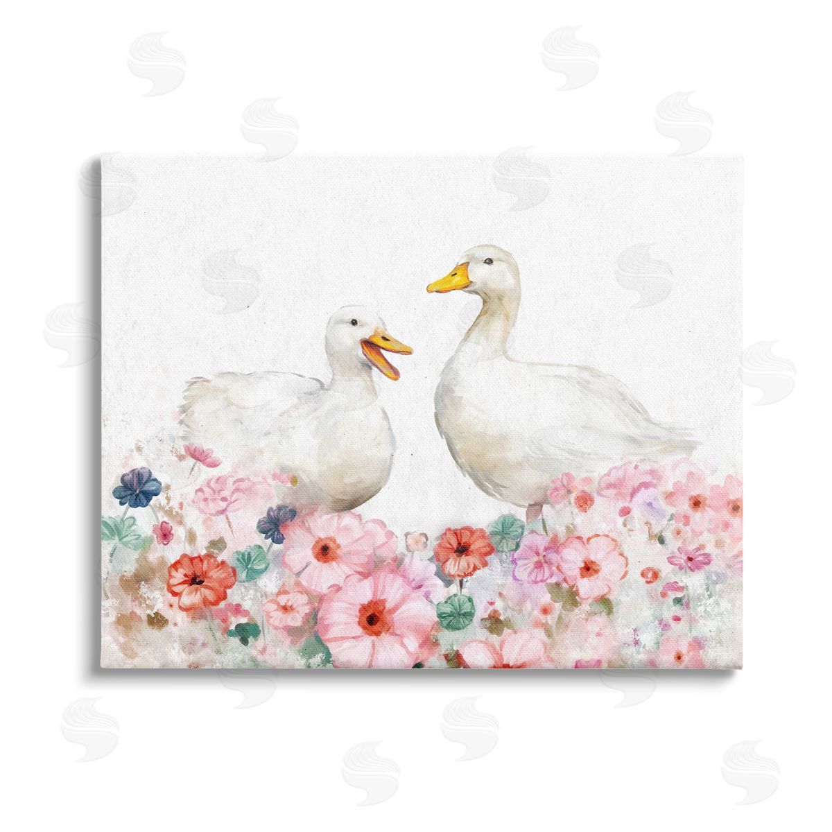 Ziwei Li Ducks & Pastel Flowers Stretched Canvas Wall Art Print