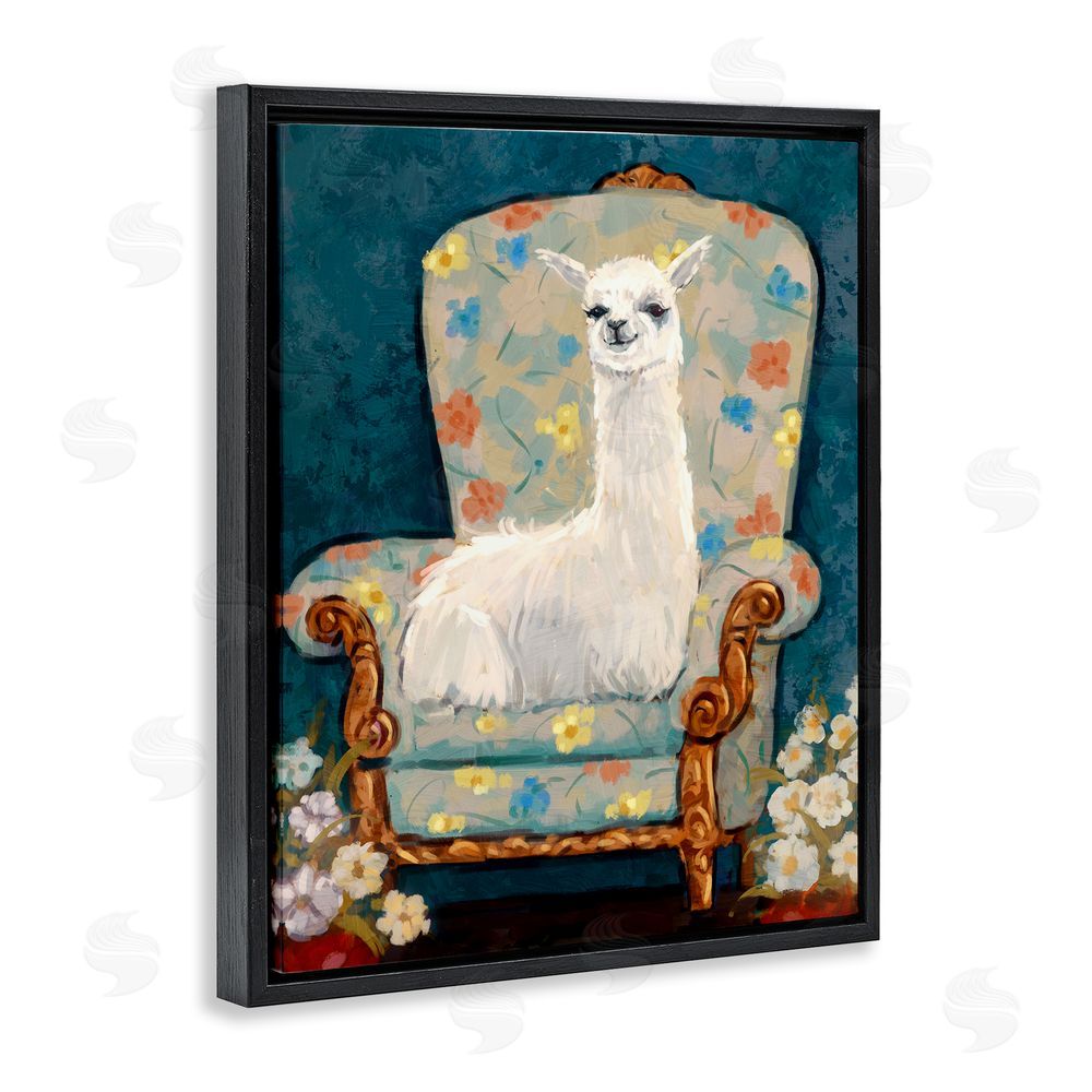 Ziwei Li Llama on Floral Armchair Black Floating Frame Canvas Wall Art Print