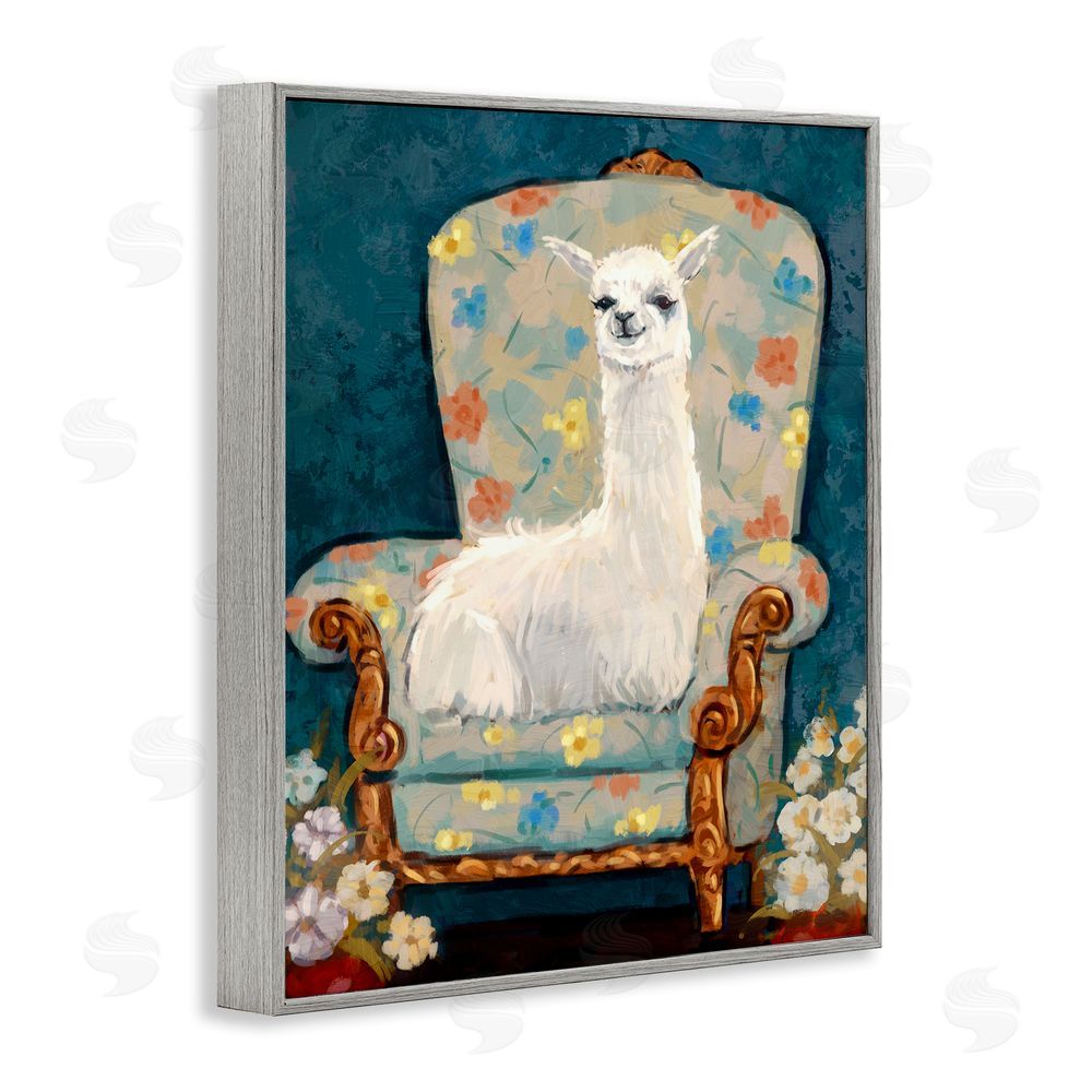 Ziwei Li Llama on Floral Armchair Gray Framed Giclee Wall Art Print