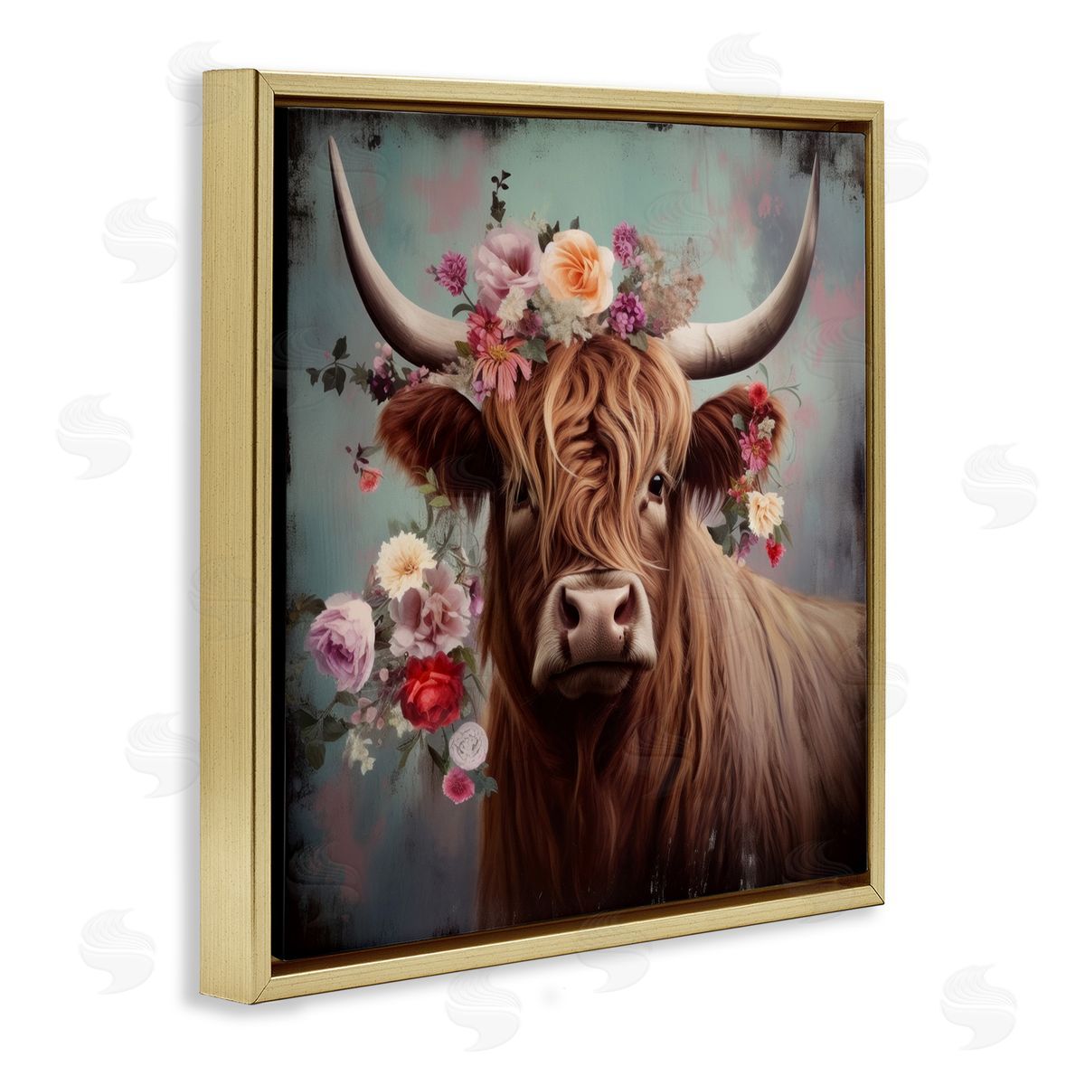 Cow with Vintage Florals Gold Floating Frame Canvas Wall Art, Home Decor by Irena Orlov
