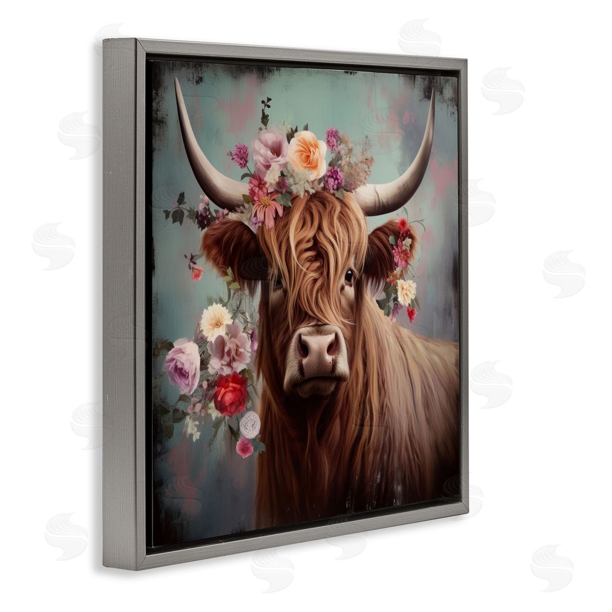 Cow with Vintage Florals Grey Floating Frame Canvas Wall Art, Home Decor by Irena Orlov