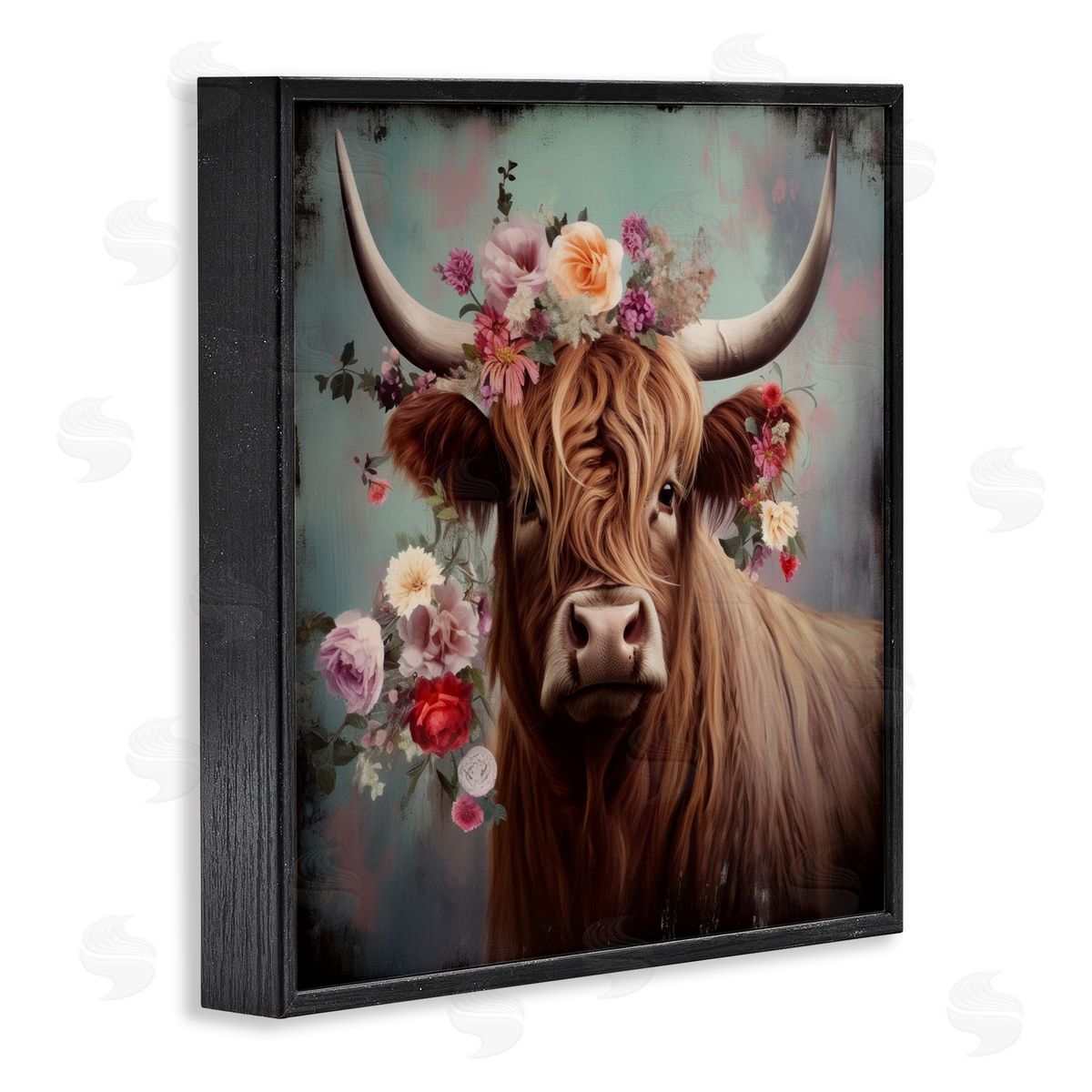 Cow with Vintage Florals Black Frame Print Wall Art, Home Decor by Irena Orlov