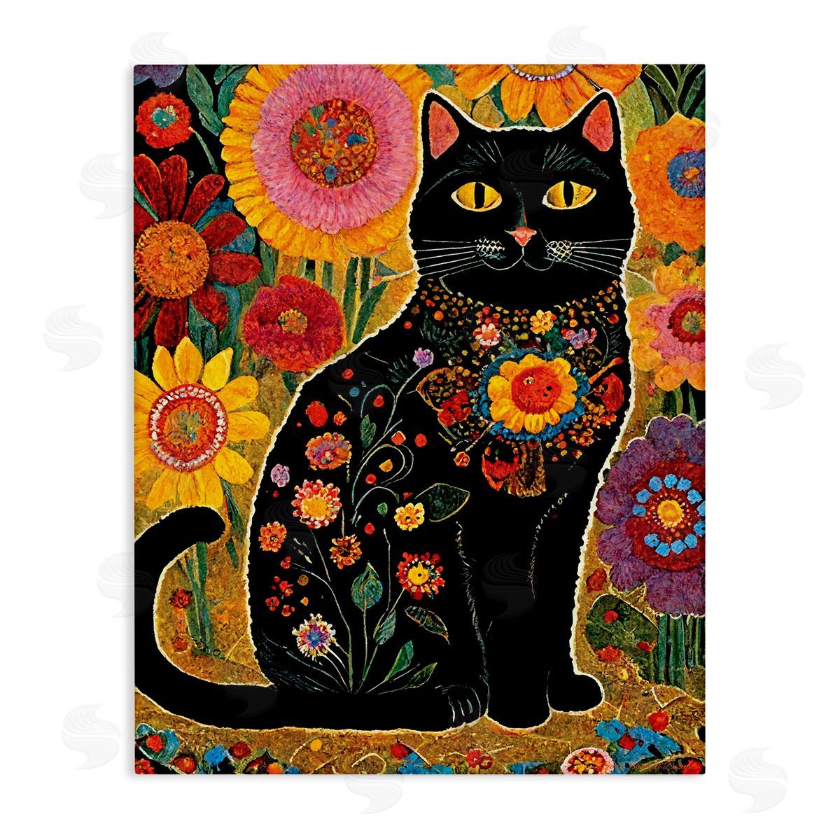 Gary Shergill Designs Cat with Patterned Florals Stretched Canvas Wall Art Print