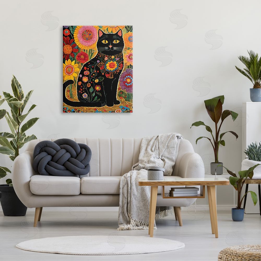 Gary Shergill Designs Cat with Patterned Florals Canvas Wall Art Print in Room