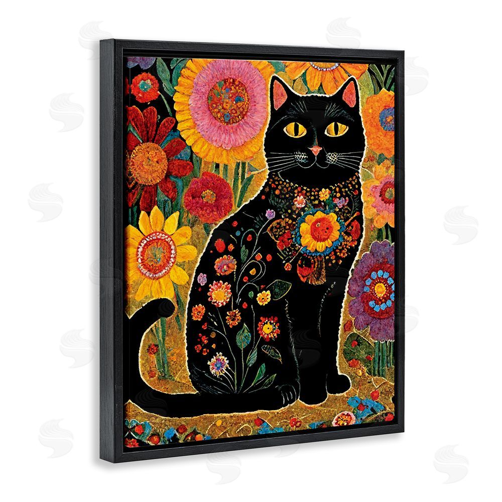 Gary Shergill Designs Cat with Patterned Florals Black Floating Frame Canvas Wall Art Print