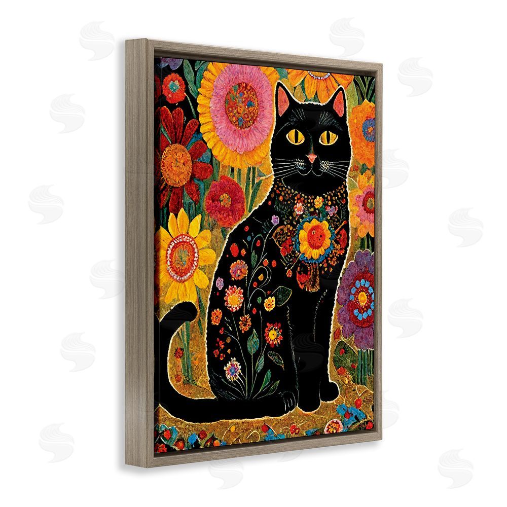 Gary Shergill Designs Cat with Patterned Florals Brown Floating Frame Canvas Wall Art Print