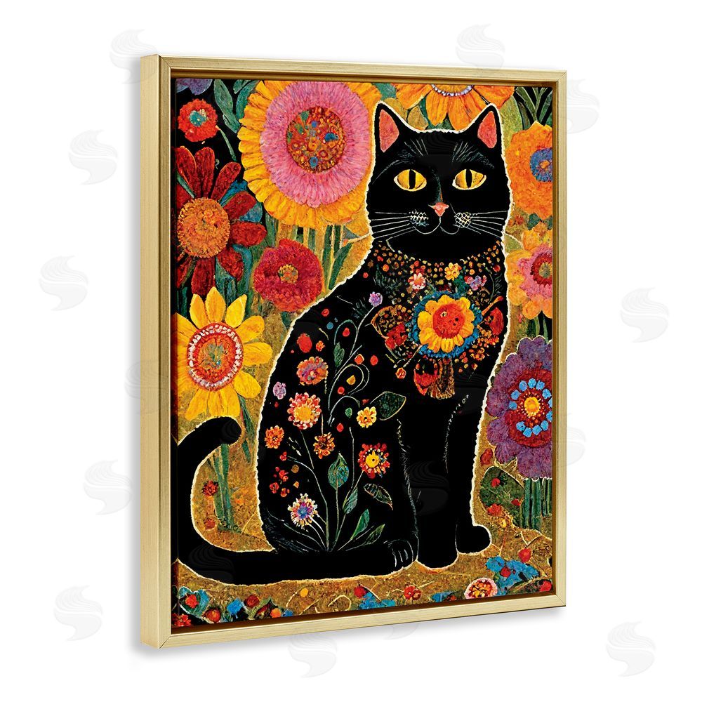 Gary Shergill Designs Cat with Patterned Florals Gold Floating Frame Canvas Wall Art Print