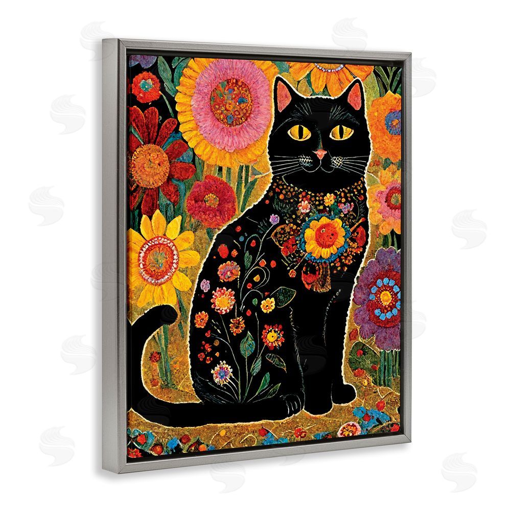 Gary Shergill Designs Cat with Patterned Florals Grey Floating Frame Canvas Wall Art Print