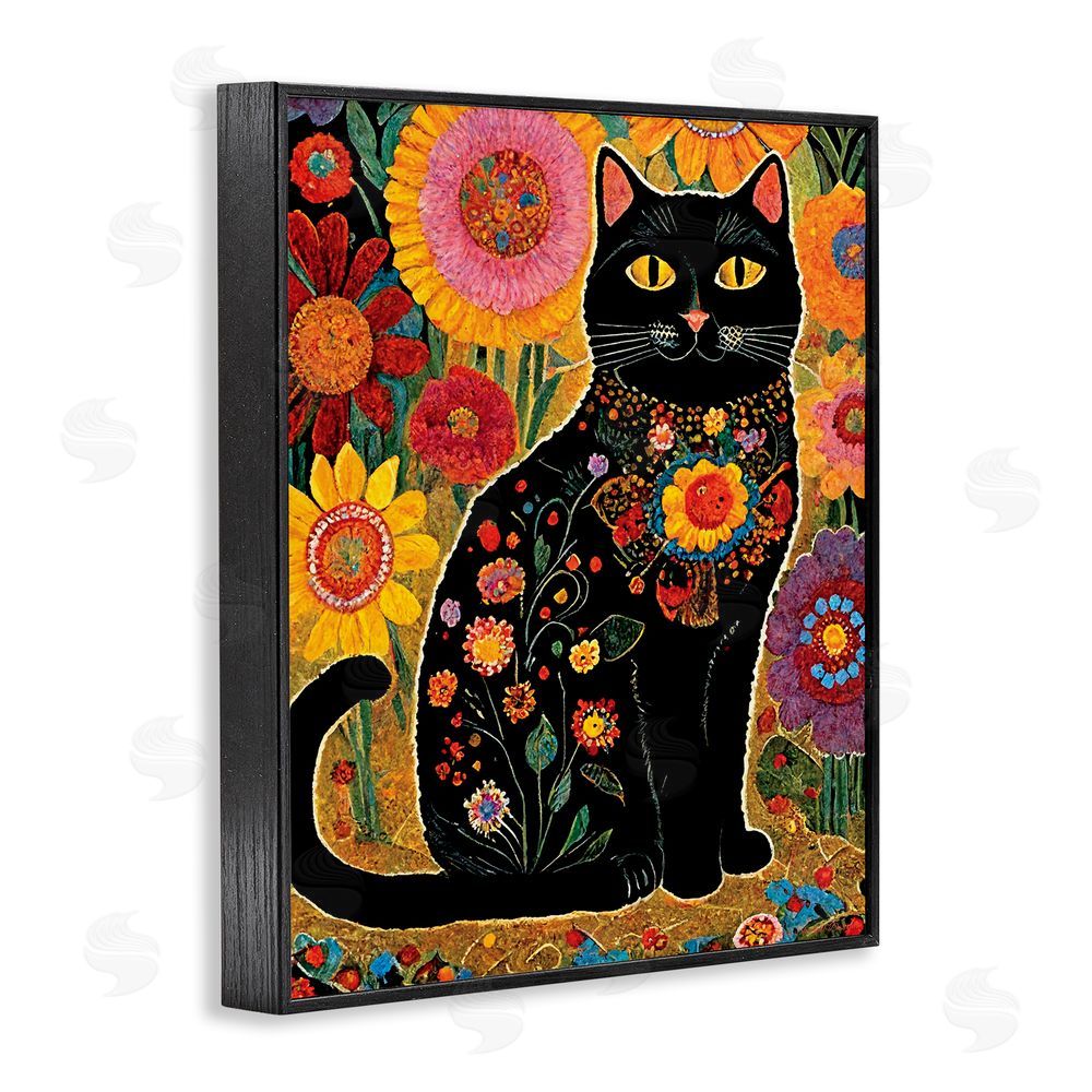 Gary Shergill Designs Cat with Patterned Florals Black Framed Giclee Wall Art Print