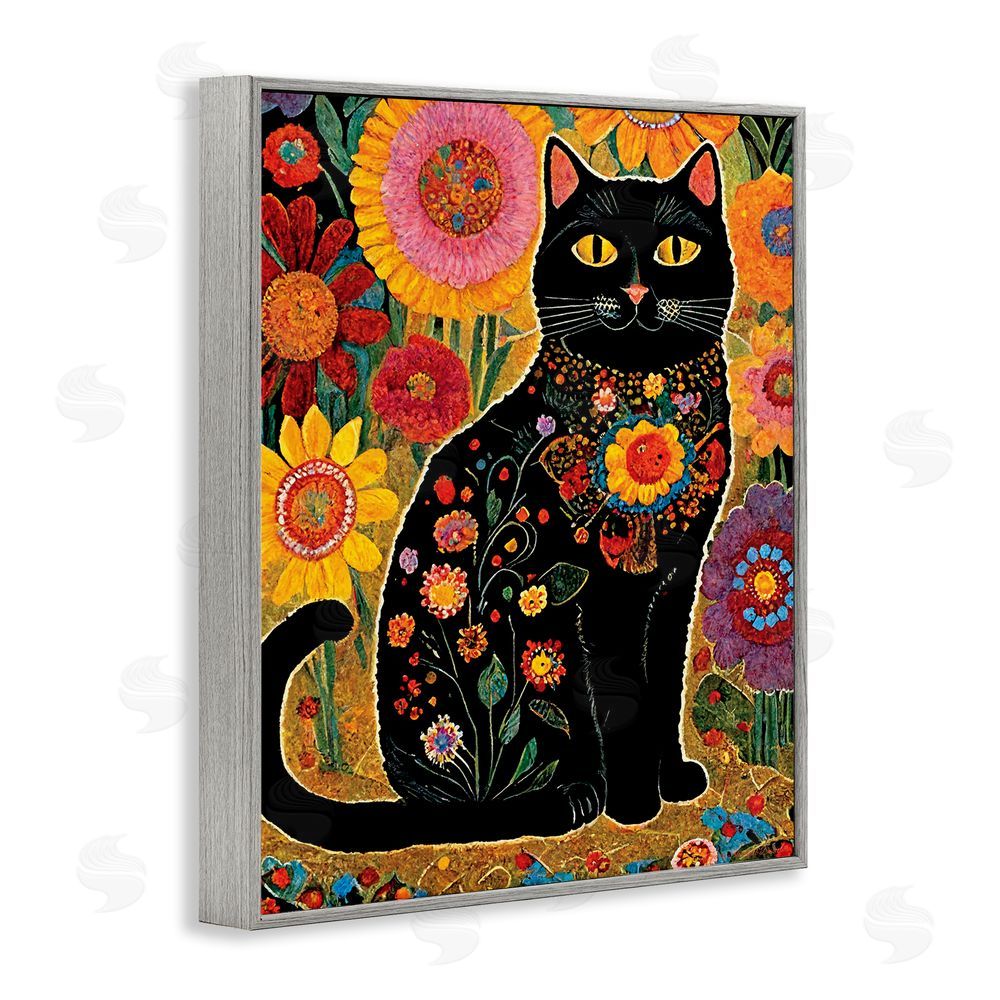 Gary Shergill Designs Cat with Patterned Florals Gray Framed Giclee Wall Art Print