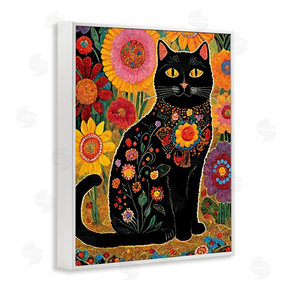 Gary Shergill Designs Cat with Patterned Florals White Framed Giclee Wall Art Print