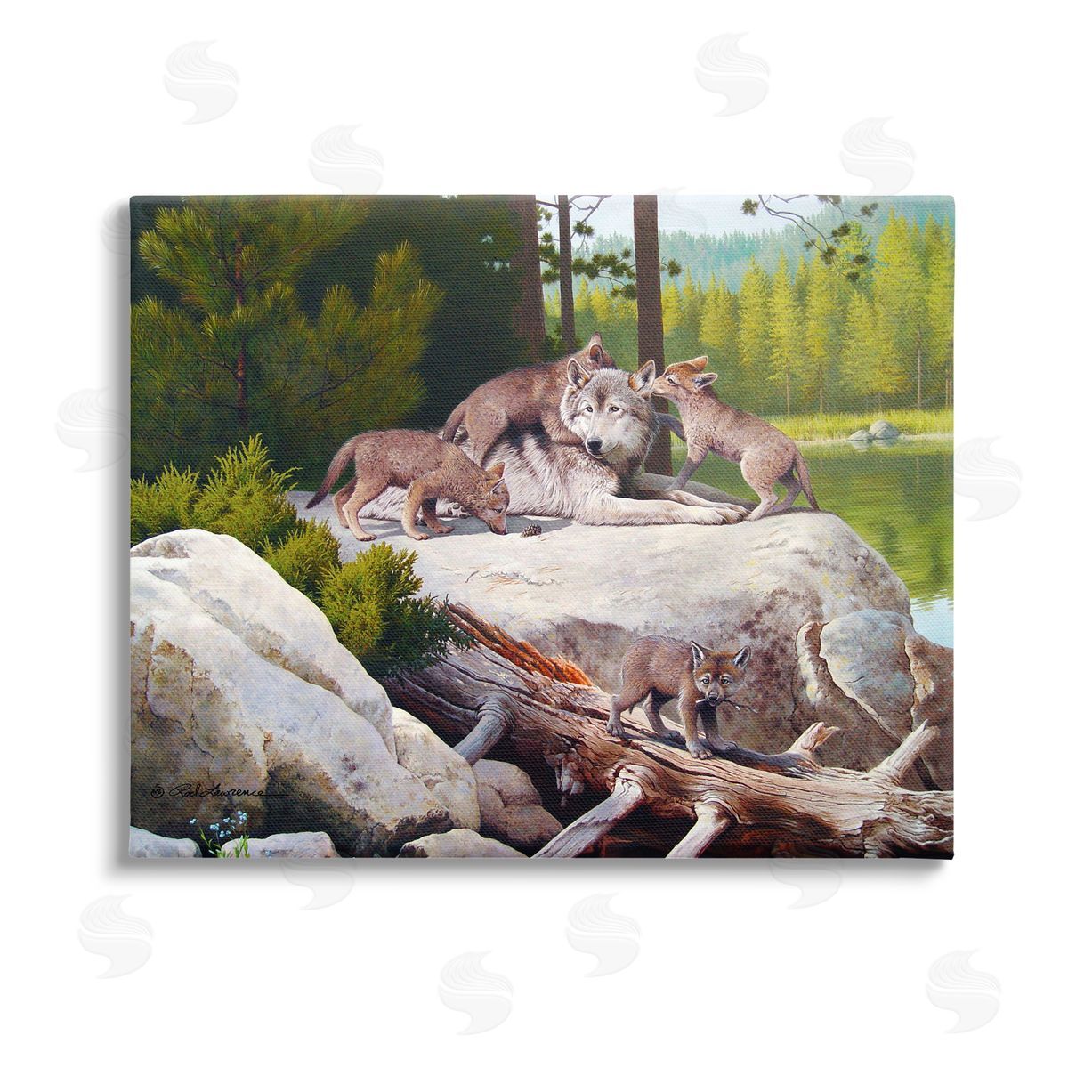 Rod Lawrence Wolf & Cubs in Nature Stretched Canvas Wall Art Print