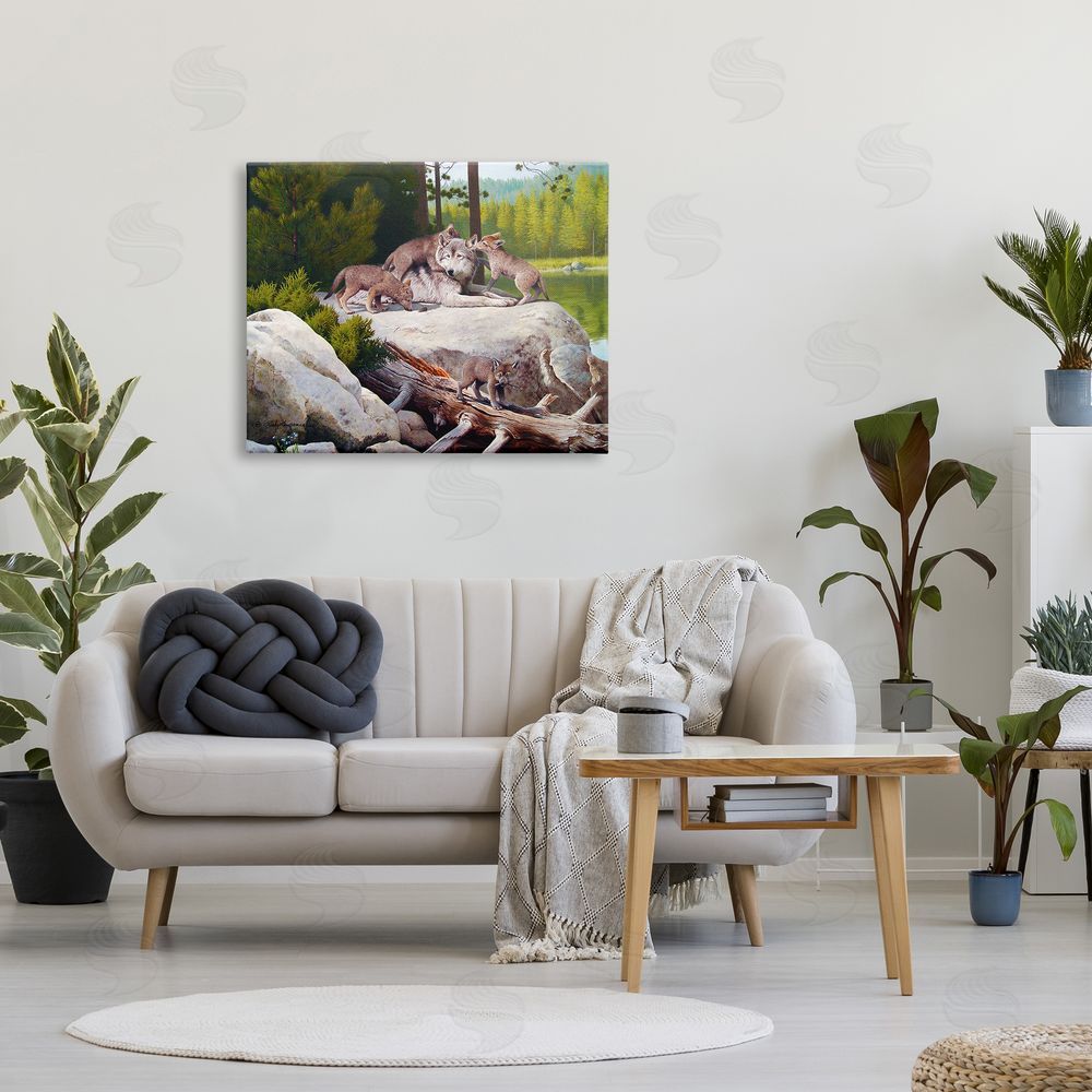 Rod Lawrence Wolf & Cubs in Nature Canvas Wall Art Print in Room