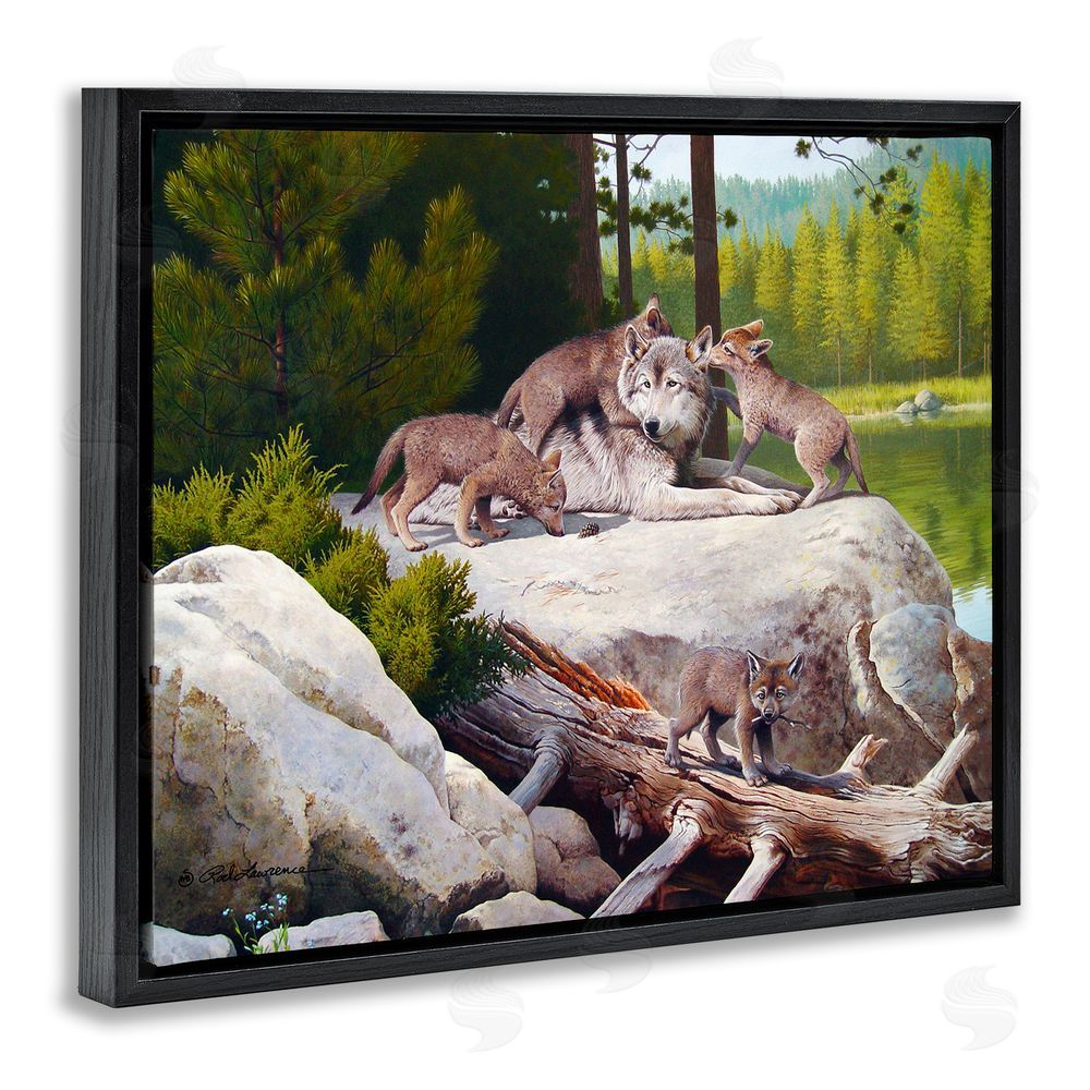 Rod Lawrence Wolf & Cubs in Nature Black Floating Frame Canvas Wall Art Print