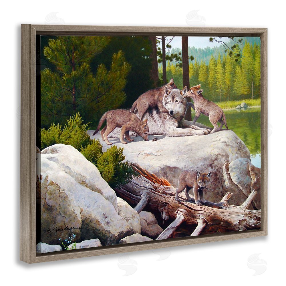 Rod Lawrence Wolf & Cubs in Nature Brown Floating Frame Canvas Wall Art Print