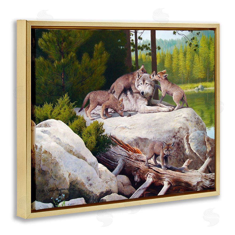 Rod Lawrence Wolf & Cubs in Nature Gold Floating Frame Canvas Wall Art Print