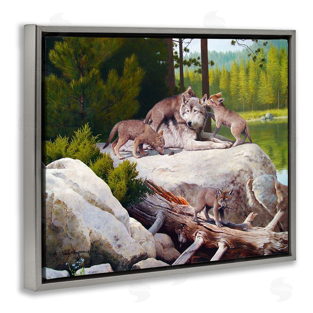 Rod Lawrence Wolf & Cubs in Nature Grey Floating Frame Canvas Wall Art Print