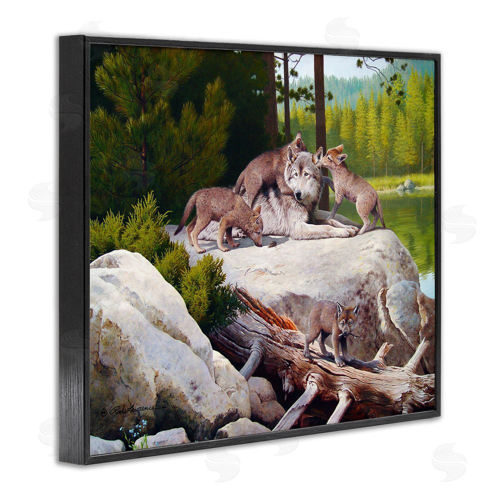 Rod Lawrence Wolf & Cubs in Nature Black Framed Giclee Wall Art Print