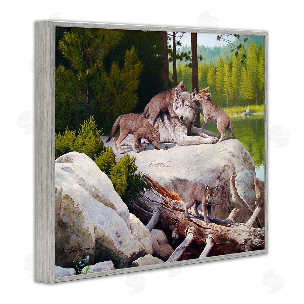 Rod Lawrence Wolf & Cubs in Nature Gray Framed Giclee Wall Art Print