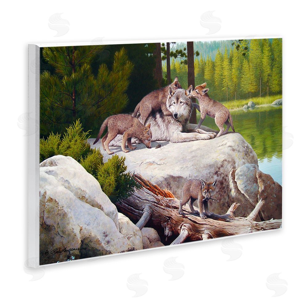 Rod Lawrence Wolf & Cubs in Nature Wall Plaque Art Print