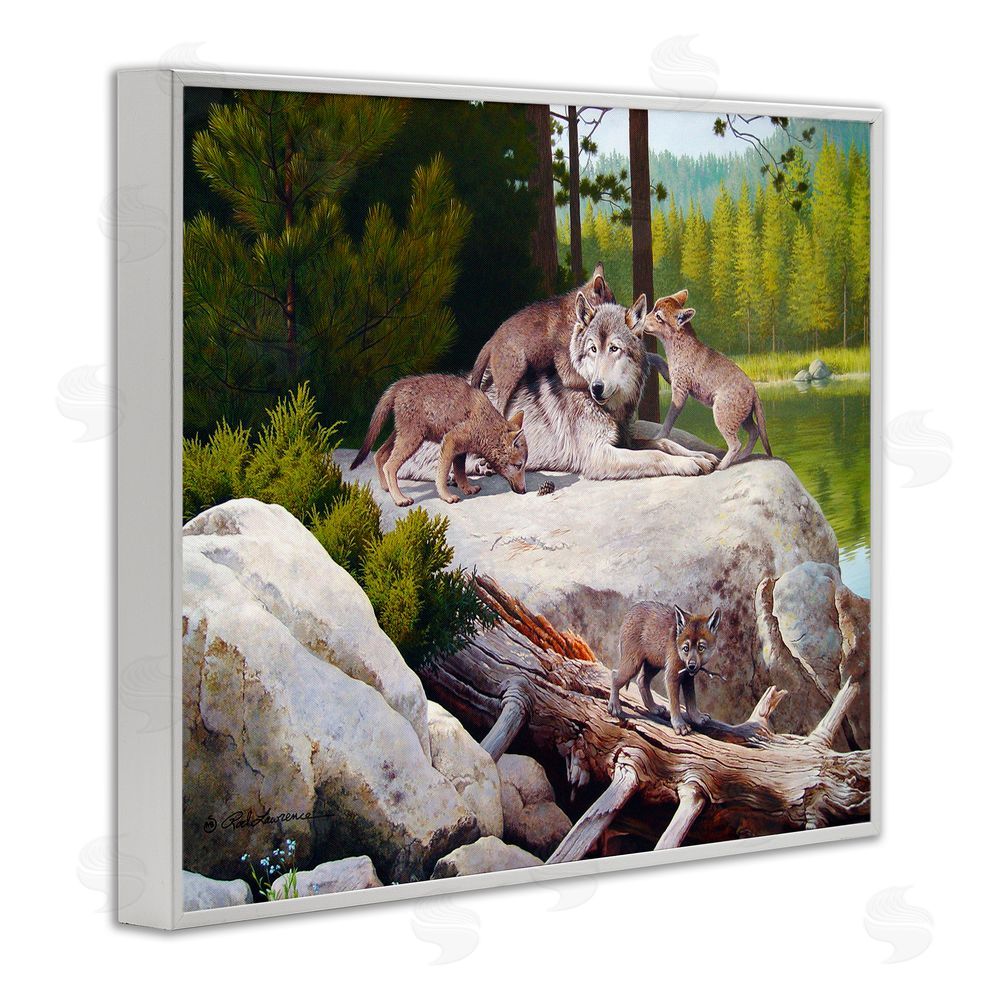 Rod Lawrence Wolf & Cubs in Nature White Framed Giclee Wall Art Print