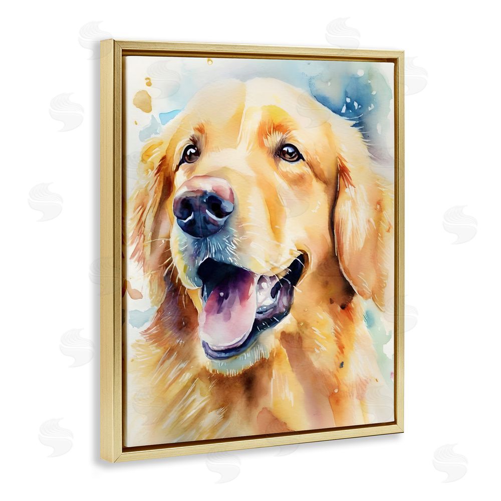 Petal Prints Design Happy Retriever Portrait Gold Floating Frame Canvas Wall Art Print