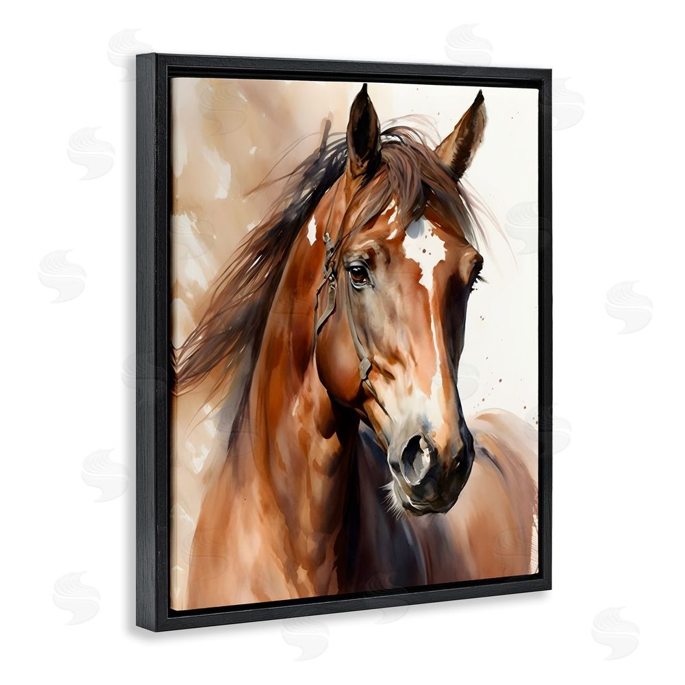 Petal Prints Design Brown Horse Painting Black Floating Frame Canvas Wall Art Print