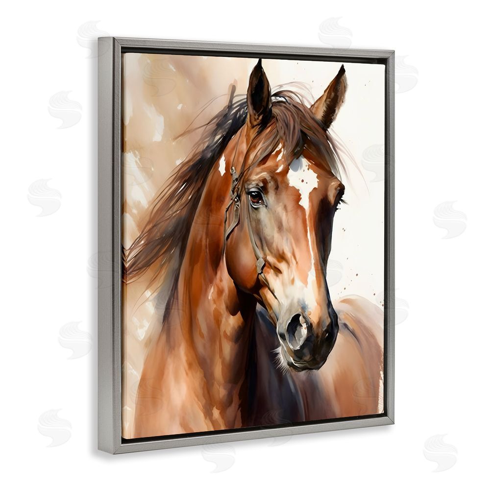 Petal Prints Design Brown Horse Painting Grey Floating Frame Canvas Wall Art Print