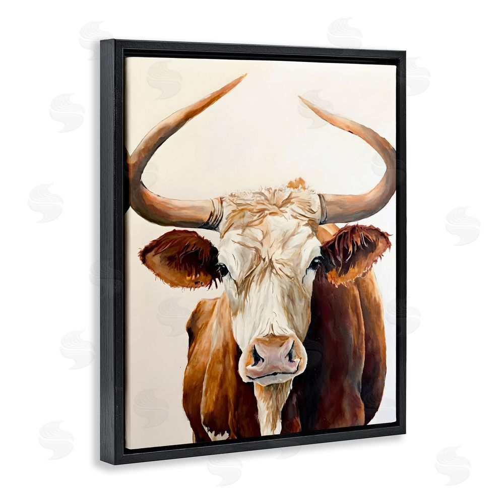 Petal Prints Design Longhorn with Curved Horns Black Floating Frame Canvas Wall Art Print