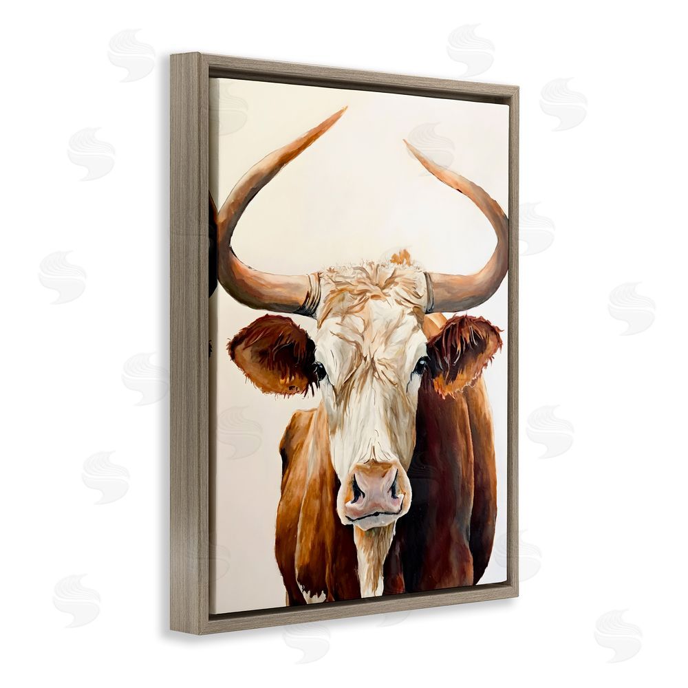 Petal Prints Design Longhorn with Curved Horns Brown Floating Frame Canvas Wall Art Print