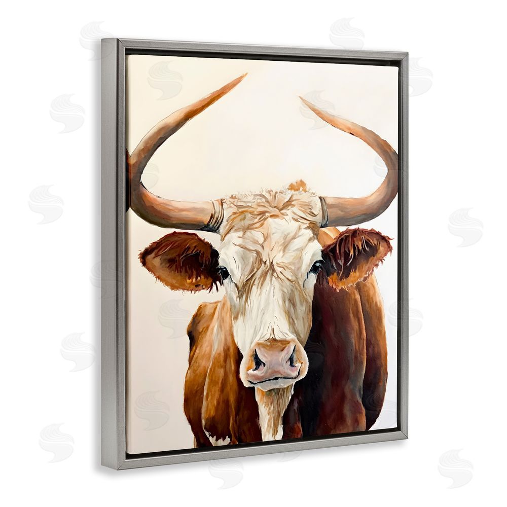 Petal Prints Design Longhorn with Curved Horns Grey Floating Frame Canvas Wall Art Print