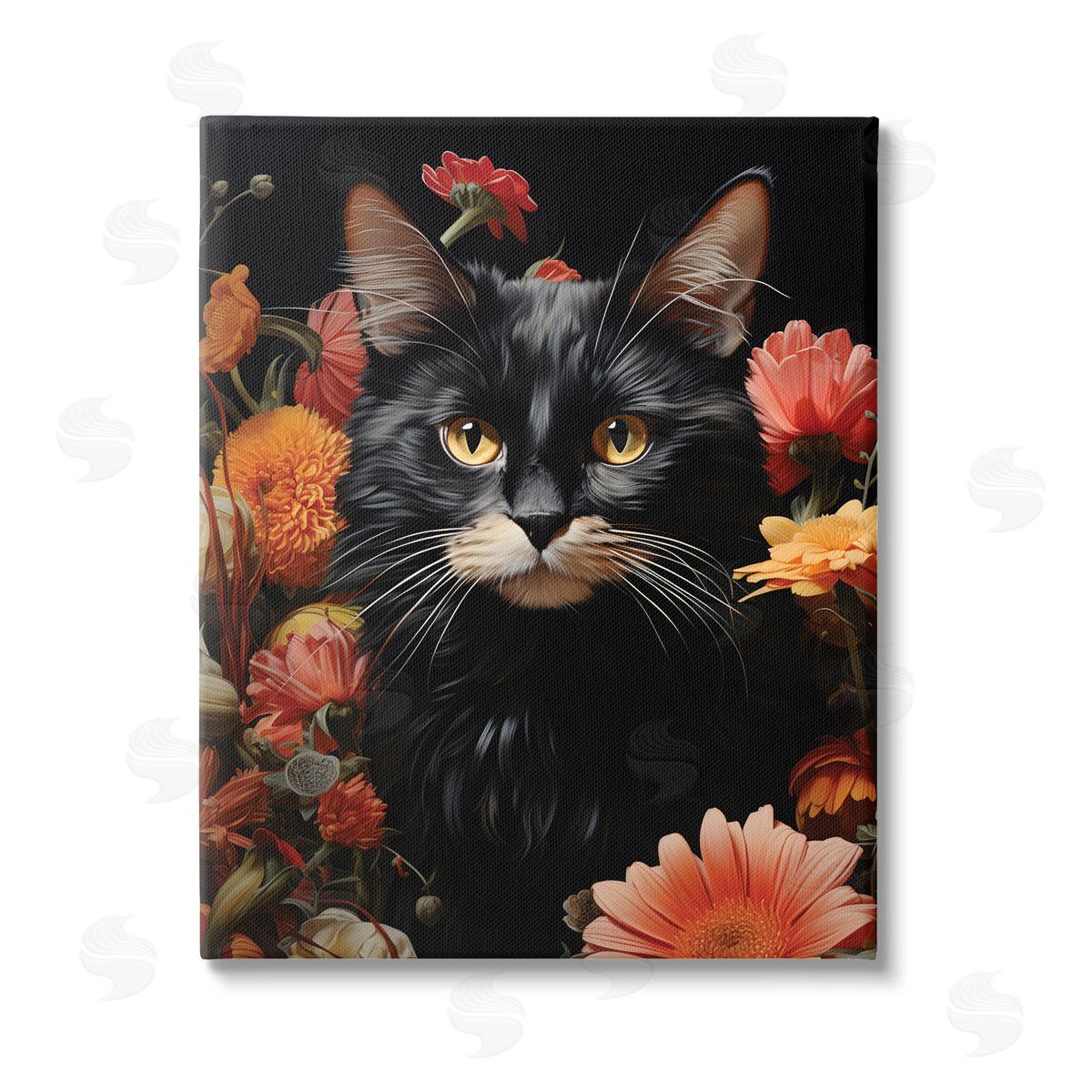 Gary Shergill Designs Cat & Blooming Flowers Stretched Canvas Wall Art Print