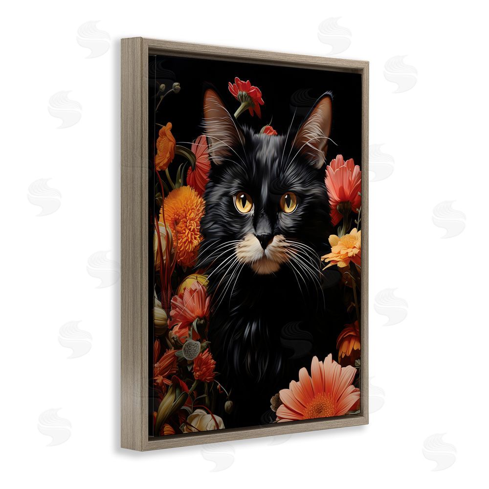 Gary Shergill Designs Cat & Blooming Flowers Brown Floating Frame Canvas Wall Art Print