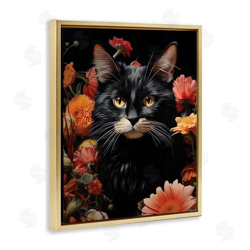 Gary Shergill Designs Cat & Blooming Flowers Gold Floating Frame Canvas Wall Art Print