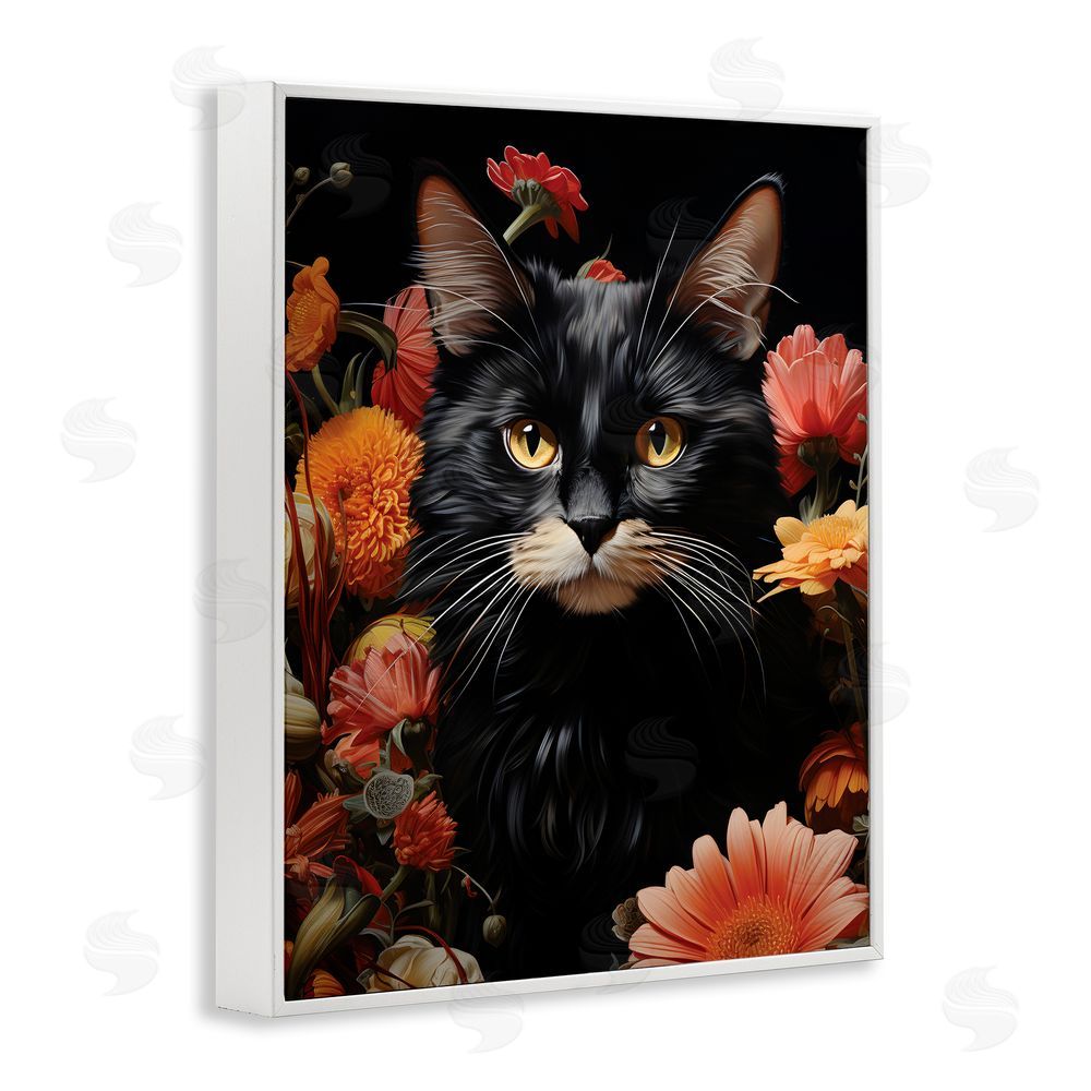 Gary Shergill Designs Cat & Blooming Flowers White Framed Giclee Wall Art Print