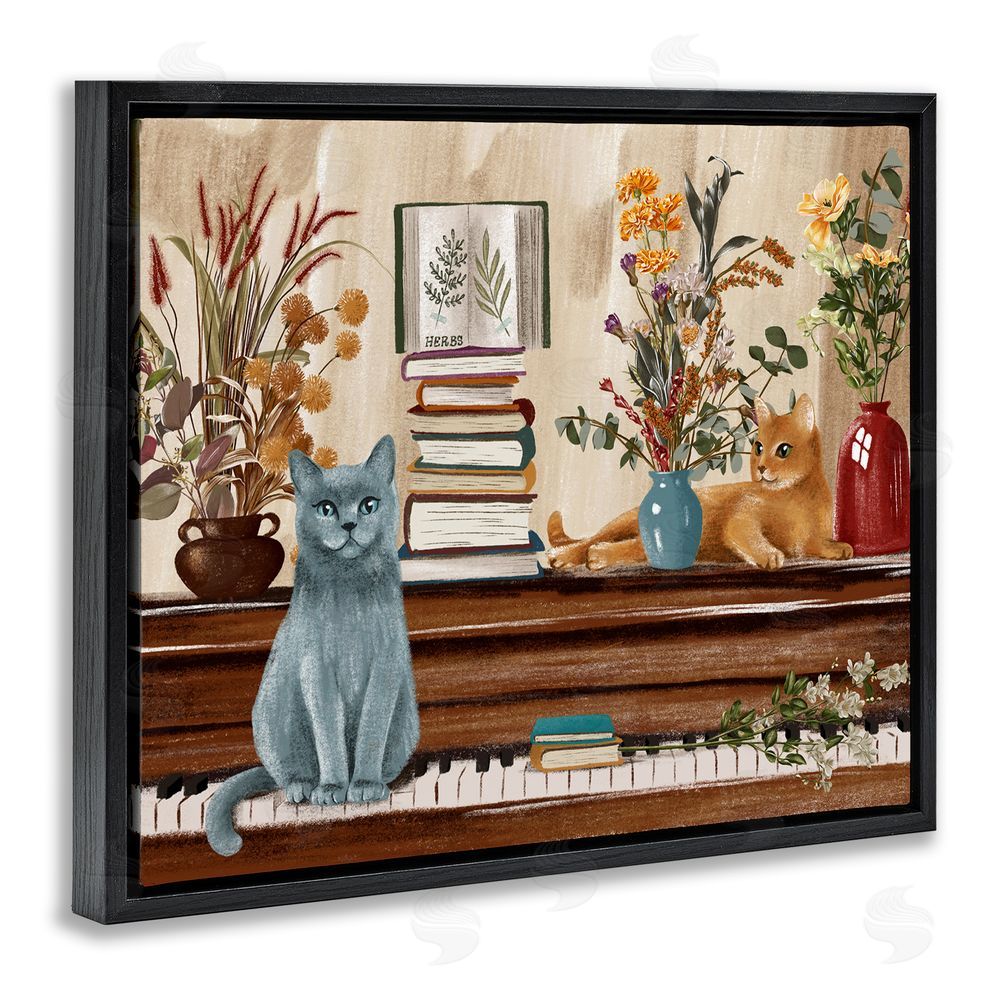 Raquel Maciel Cats & Books on Piano Black Floating Frame Canvas Wall Art Print